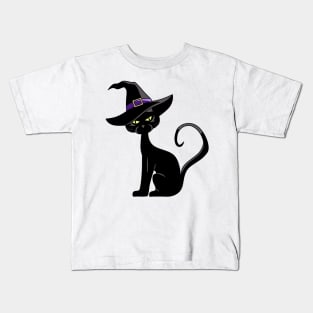 Cute Halloween Cat In A Witch Hat Kids T-Shirt